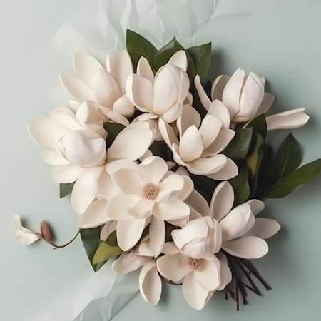 White magnolia flowers bouquet on blue background. Flat lay, top viewの素材