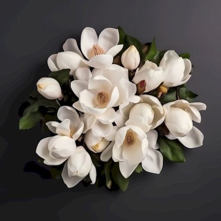 White magnolia flowers on black background. Flat lay, top view.の素材