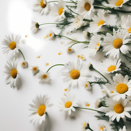 Beautiful chamomile flowers on white background. Flat lay, top viewの素材