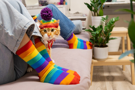 Two girls in blue jeans with rainbow socks sitting on the sofa with funny amazed ginger tabby cat in rainbow hat. Stay at homeの写真素材