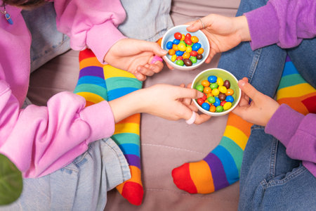 Two girls in pink and violet sweatshirts and rainbow socks sitting on a pink sofa with crossed legs and holding in hands ceramic bowls with colorful candies. Stay at homeの写真素材