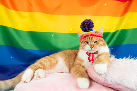 Ginger tabby cat wearing a rainbow hat sitting on the edge of a Gay Pride flag with flag extending into the background. vertical orientationの写真素材