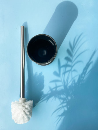 Metal toilet brush with holder - dark gray and white - with beautiful shadows of plant. WC tools for cleaning toilet bowl. Brush for toilet cleaner and bleach toilet bowl surface. Flat lay on light blue backgroundの写真素材