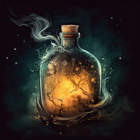 Spellbinding potion in glass vial, swirling with vibrant colors and releasing sparkling tendrils of magic, super detailsの素材