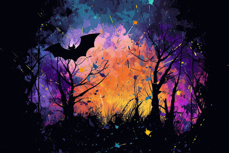 Halloween, paint splatter illustration of dark silhouette of a bat, obscuring the full moon, evoking a sense of mysteryの素材