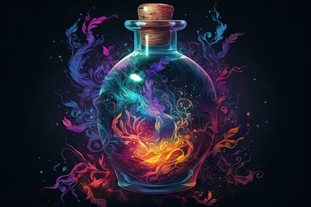 Spellbinding potion in glass vial, swirling with vibrant colors and releasing sparkling tendrils of magic, super detailsの素材