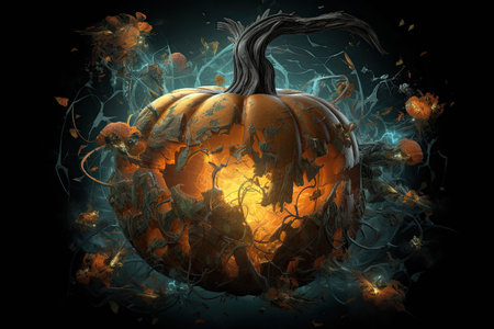 Halloween concept, fragmented pumpkin, its pieces held together by strands of magic, casting soft, pulsating lightの素材