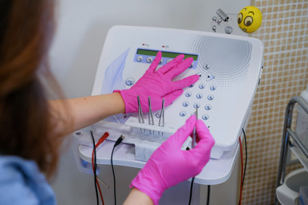 Woman - electrolysis specialist is setting up hair removal machine. Epilation and beauty concept.の写真素材