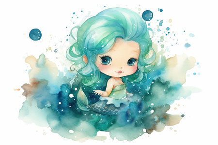 Mermaid character cartoon watercolor, cute girl, clipart illustration, isolated on white paperの素材