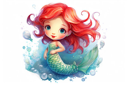 Mermaid character cartoon watercolor, cute girl, clipart illustration, isolated on white paperの素材
