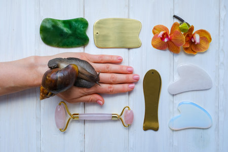 Spa concept gua sha massage body and face care and snails achatina on handの写真素材