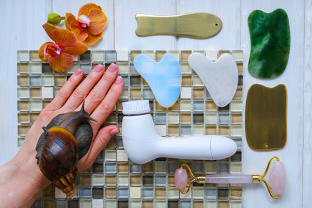 Spa and relax concept, natural organic cosmetics, based on snail slime. Flat layの写真素材