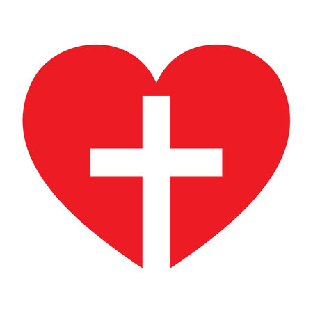 Christian cross icon in the heart inside icon. Red christian cross Vector symbol illustrationのイラスト素材