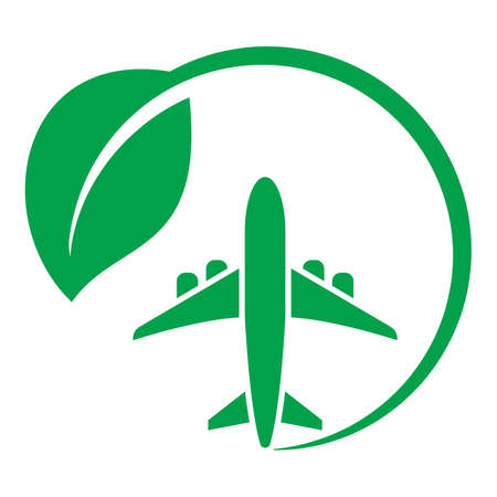 Electric plane icon. Airplane in green circle with a leaf. Aircraft powered by electricity. Green aviation concept Vector illustration.のイラスト素材