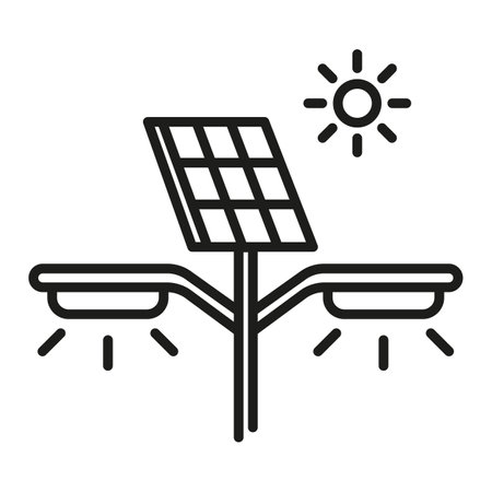 Solar panel lighting system, street lamp, autonomous solution. Energy efficient lantern vector line iconのイラスト素材