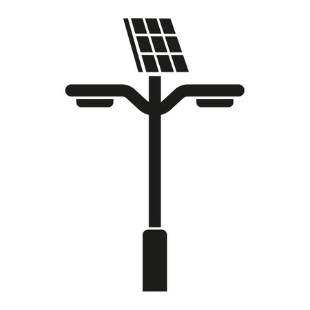 Solar panel lighting system, street lamp, autonomous solution. Energy efficient lantern vector line iconのイラスト素材