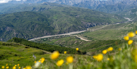Lahij village, Azerbaijan â aerial view with mountain landscape and yellow wildflowersの写真素材