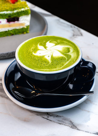 Matcha Latte with Green Cake on Marble Table â€“ Cozy Artisan CafÃ© Scene