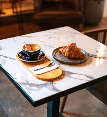 Cinnamon Latte with Marshmallows and Croissant on Marble Table in Cozy Cafeの写真素材