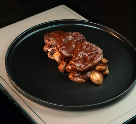 Beef Tenderloin Medallions with Baby Potatoes and Mushrooms in Rich Demi-Glace Sauce. Ideal for restaurant menus, gourmet food blogs, and fine dining promotions.の写真素材