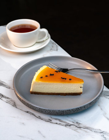 Slice of Lemon Cheesecake on Marble Table with Blurred Tea Cup in Background. Elegant desert scene...