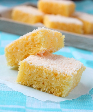 Semolina cake with coconut on a blue backgroundの写真素材