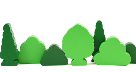 Wooden toy trees isolated on white backgroundの写真素材