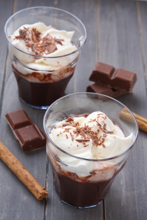 Fresh chocolate milkshake with cream on wooden tableの写真素材