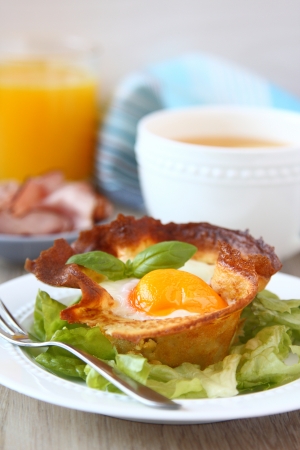 Homemade pancake baskets with egg and mushroomsの写真素材