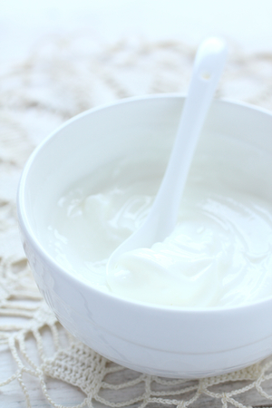 Fresh cream cheese spread in white bowl with spoonの写真素材
