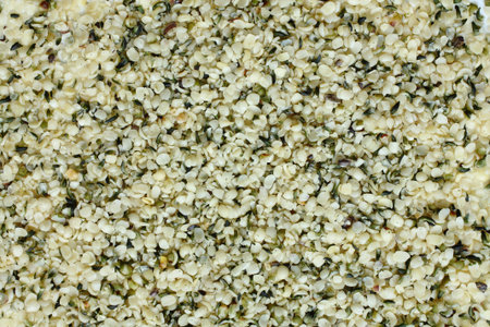 Top view of shelled hemp seeds. の写真素材