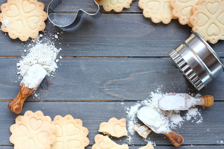 Background of baking gluten free shortbread cookies with utensils and ingredients,  viewed from aboveの写真素材