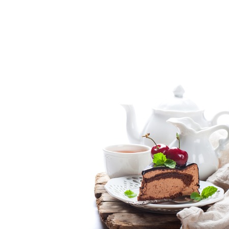 Slice of delicious chocolate mousse cakeの写真素材