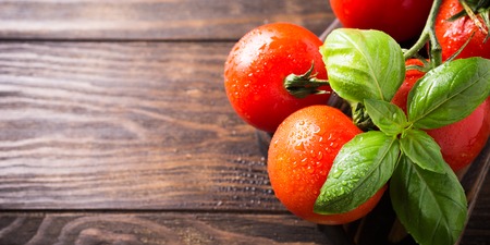 Branch of ripe natural tomatoes and basil leaves on wooden cutting board. Healthy food concept with copy space.の写真素材