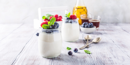 Natural yoghurt with berries on light gray background. Copy space. Healthy breakfast concept.の写真素材