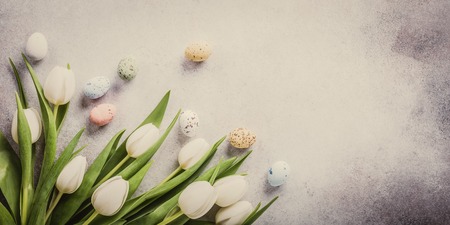 Beautiful white tulips with colorful quail eggs on light gray stone background. Spring and Easter holiday concept with copy space. Toned.の写真素材