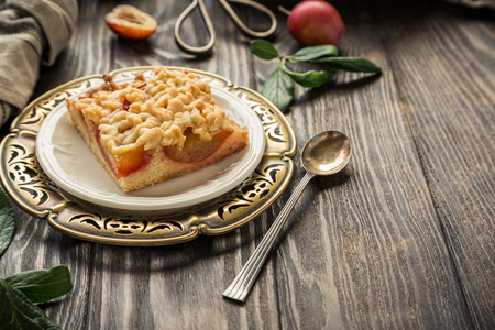 Plum crumb cake pie cut into squares. Healthy autumn food concept. Toned photo. Copy space.の写真素材