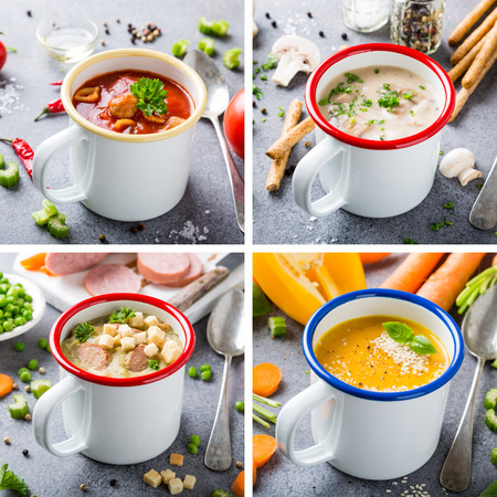 Food photo collage of assorted delicious homemade soups in enamel mugs with ingredients. Healthy summer food concept. Copy space.の写真素材