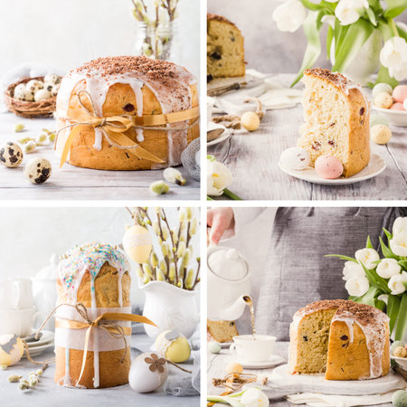 Food photo collage of Easter orthodox sweet bread, kulich and colorful quail eggs on light...