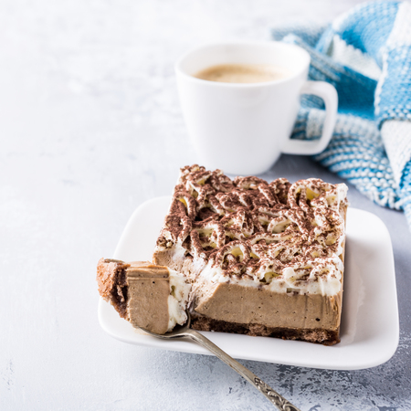 Portion of semifreddo cake, delicious chocolate dessert on white plate with cup of coffee on light gray background with copy space.の写真素材