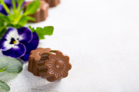 Chocolate candies in flower shape with violets. Holiday food concept with copy space.の写真素材