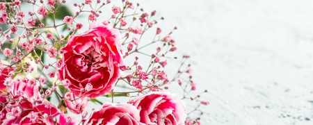 Bouquet of pink carnation on light turquoise wooden backgroundの写真素材