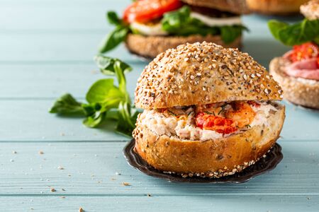 Sandwiche with beef and fresh tomatoesの写真素材