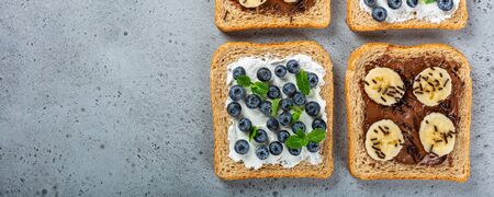 Delicious open sandwich with chocolate and bananaの写真素材