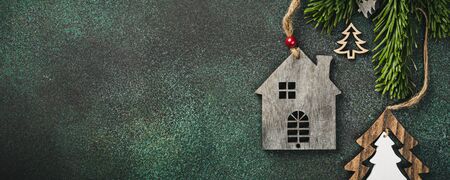 Festive background with wooden christmas treeの写真素材