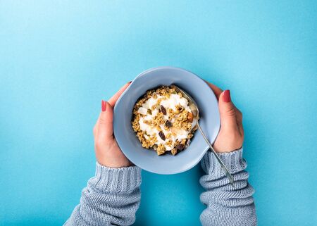 Oat granola with berries and yoghurtの写真素材