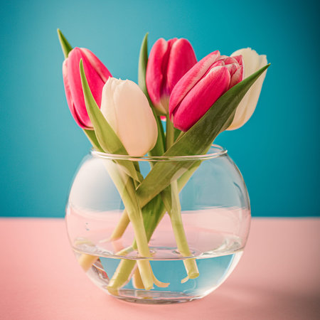 Pink and white tulips in glass vases on the blue background. A gift for woman's day. Greeting card...
