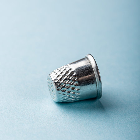 Vintage silver metal thimble on blue background