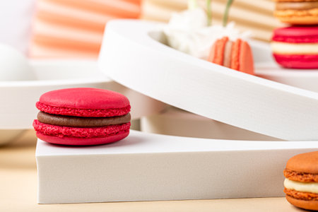 Cake macaron or macaroon on green backgroundの写真素材