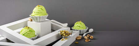 Scoop of homemade pistachio ice creamの写真素材